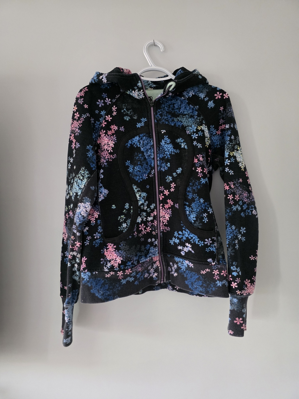 lululemon athletica Black Floral Zip Hoodie with Pink & Blue Accents
